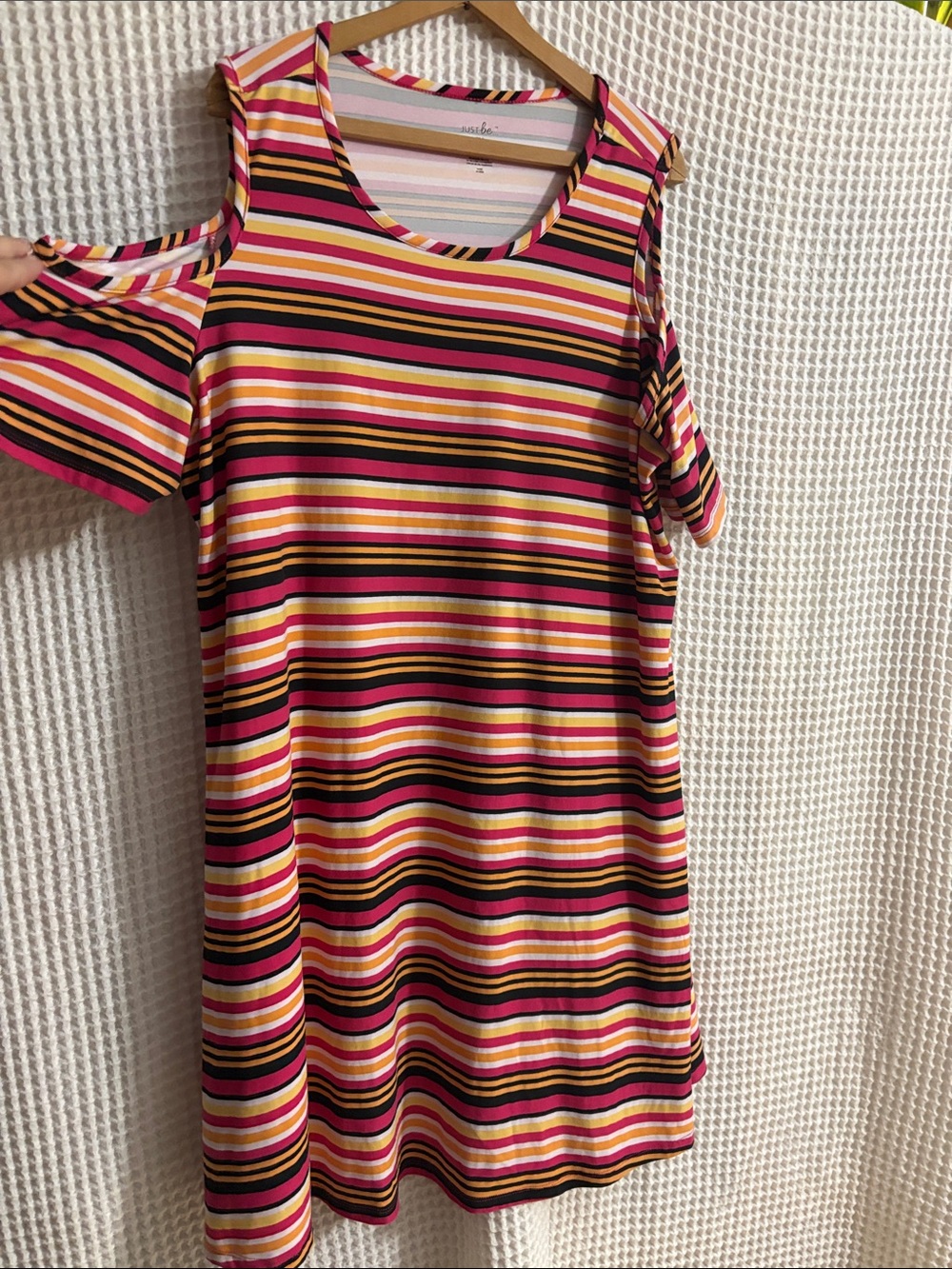JUST BE 2X Striped Cold-Shoulder Dress - Pink Multi colored